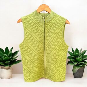 Coldwater Creek Boiled Wool Zip Sweater Vest M Green Chevron Textured VTG Style